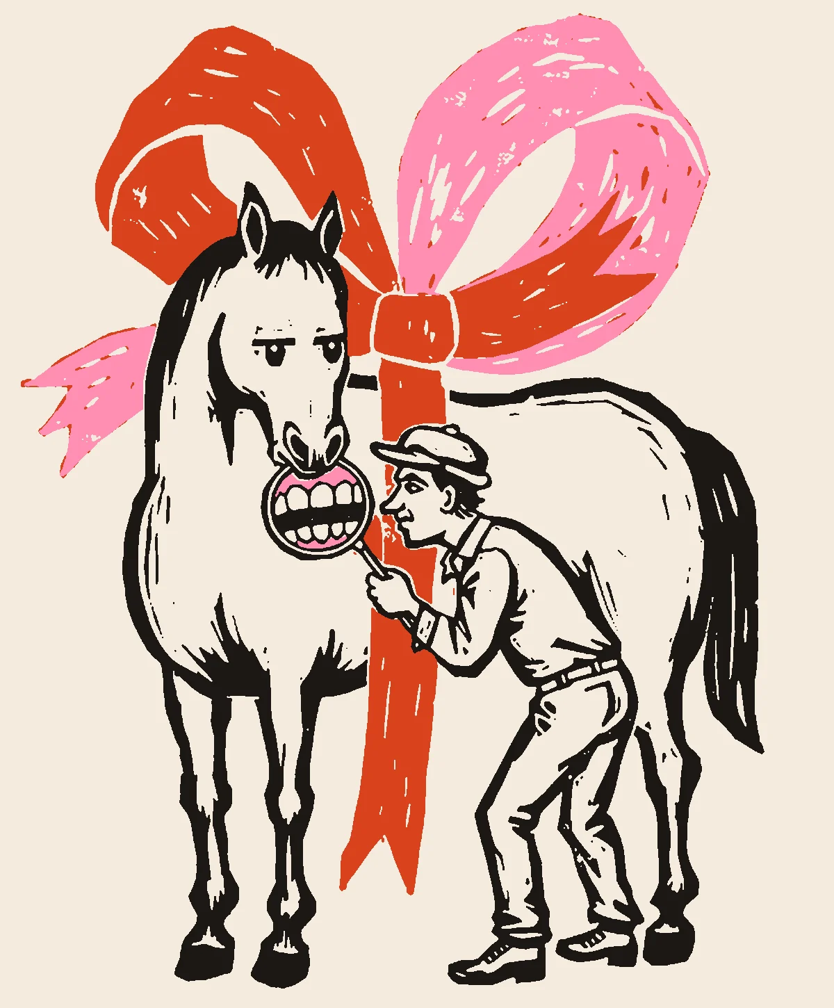 Ilustración: un caballo con un gran lazo y un hombre que le mira los dientes con una lupa