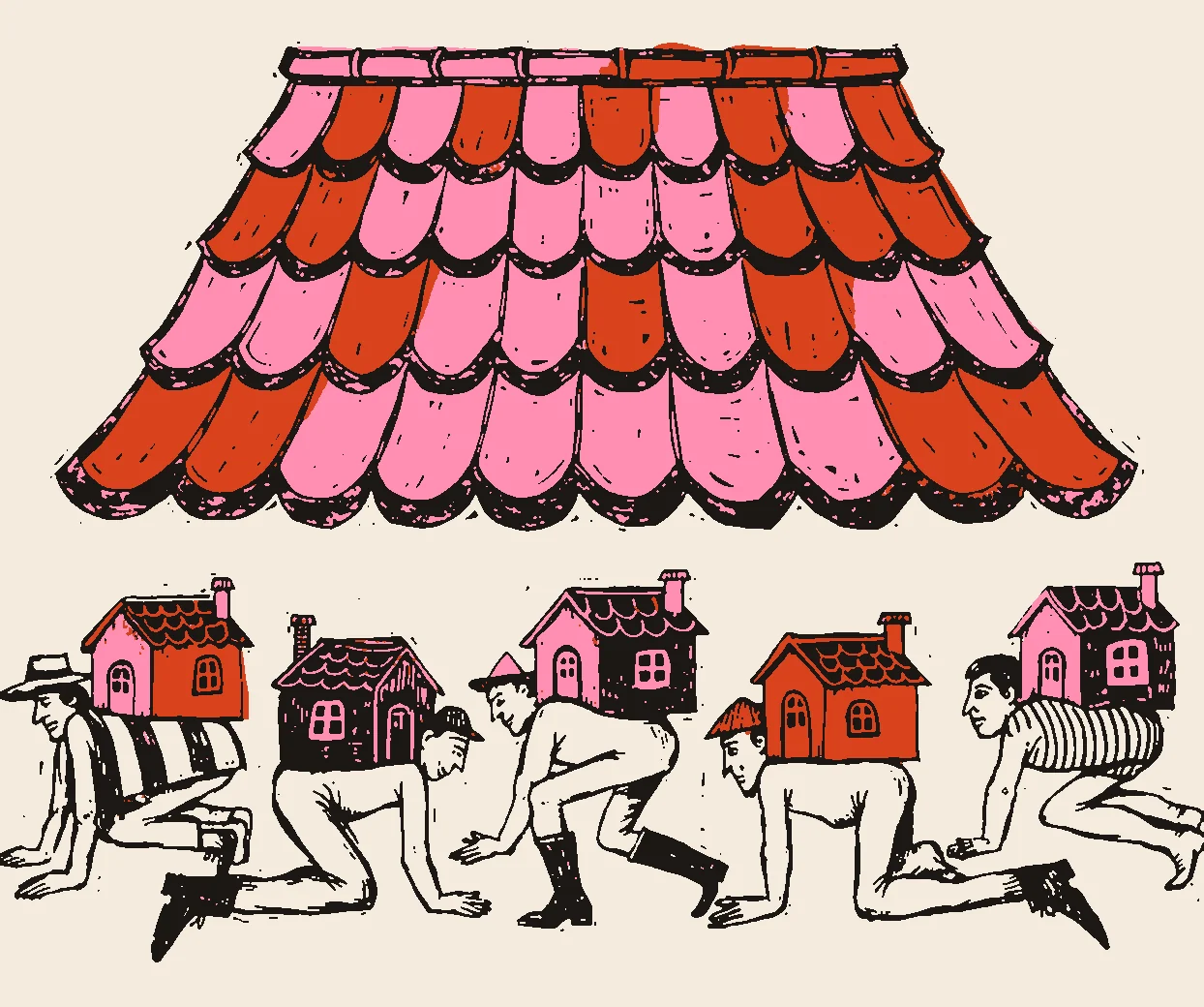 Ilustración: un gran tejado y debajo cinco hombres a gatas, cada uno con su casa a cuestas